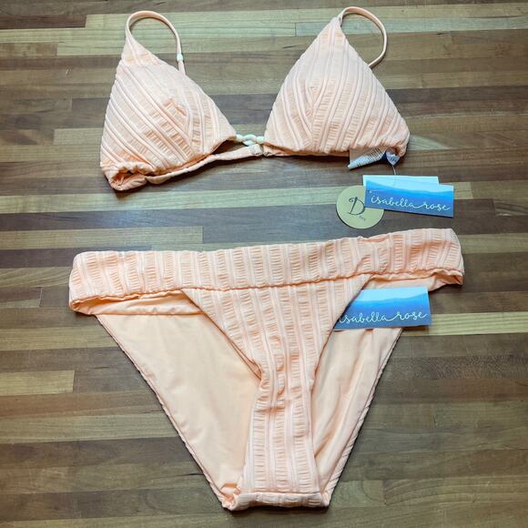 ISABELLA ROSE Champagne Beaded Bikini Top and Maui  bottom peach, Large - Picture 1 of 11